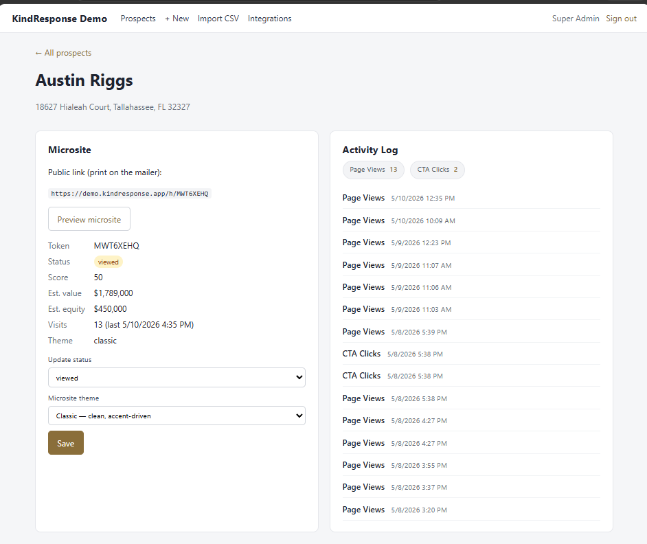 A live activity log for every prospect — clicks, views, replies.